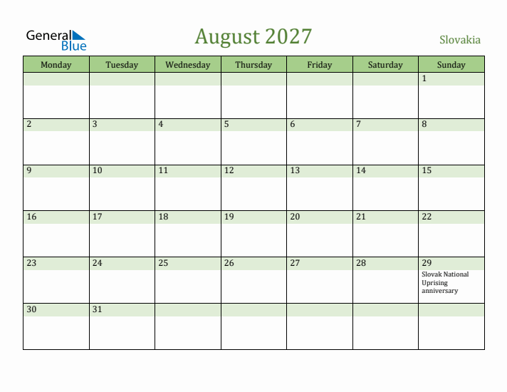 August 2027 Calendar with Slovakia Holidays