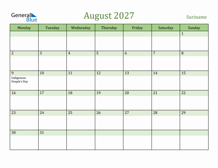 August 2027 Calendar with Suriname Holidays