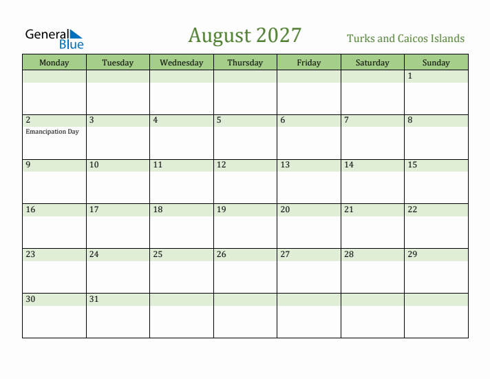 August 2027 Calendar with Turks and Caicos Islands Holidays
