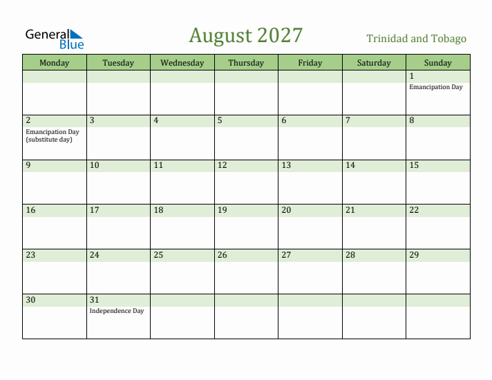 August 2027 Calendar with Trinidad and Tobago Holidays