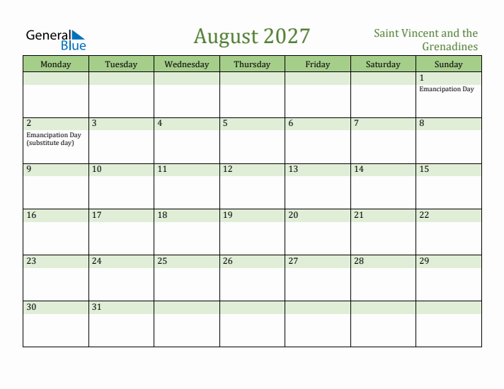 August 2027 Calendar with Saint Vincent and the Grenadines Holidays