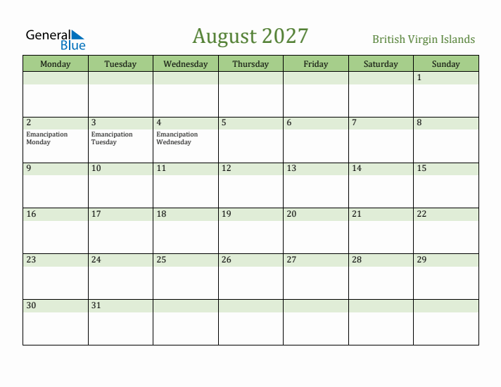 August 2027 Calendar with British Virgin Islands Holidays