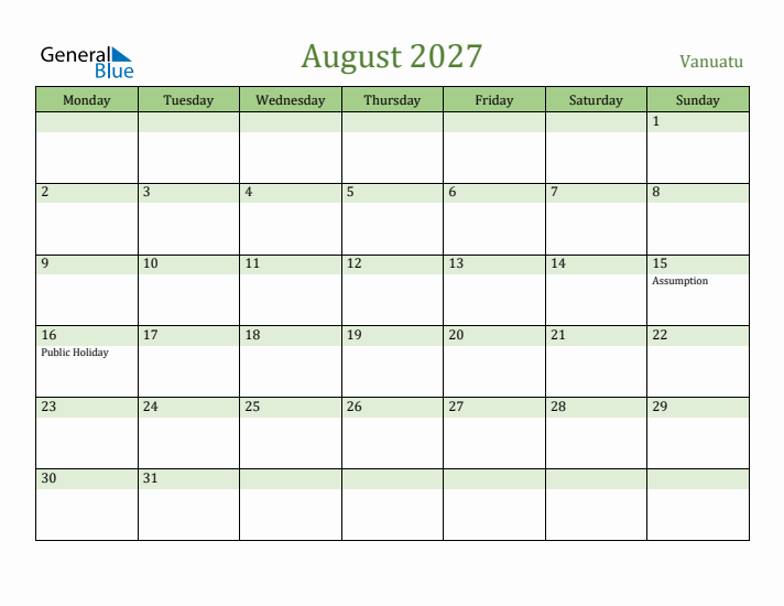 August 2027 Calendar with Vanuatu Holidays
