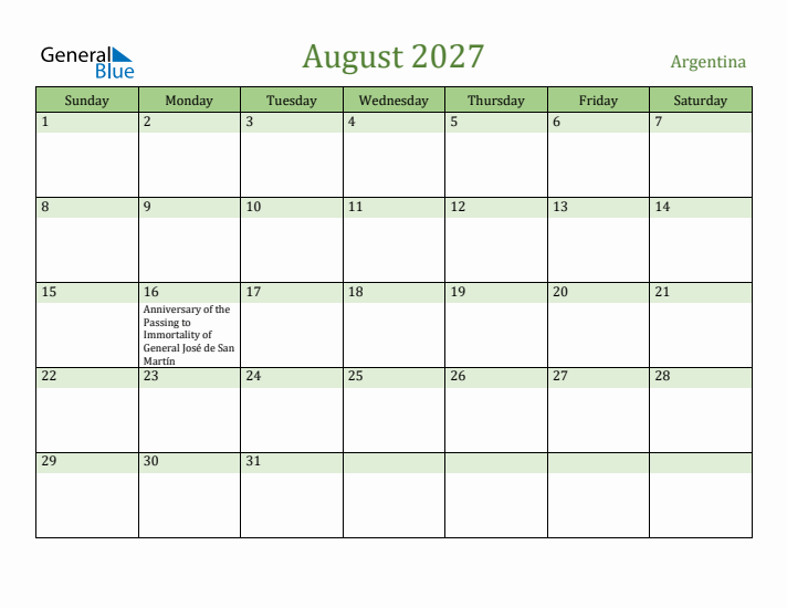 August 2027 Calendar with Argentina Holidays