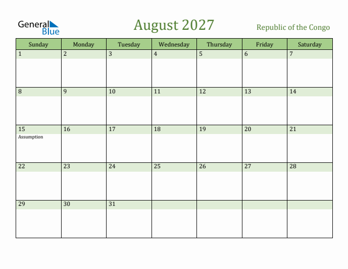 August 2027 Calendar with Republic of the Congo Holidays