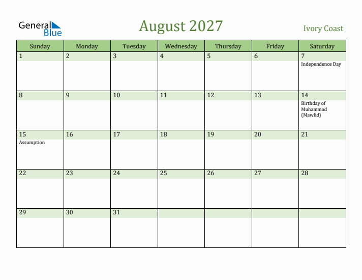 August 2027 Calendar with Ivory Coast Holidays