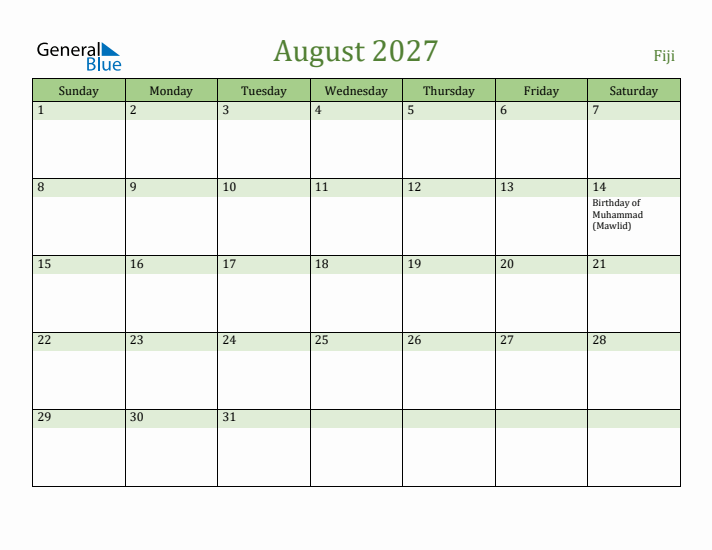 August 2027 Calendar with Fiji Holidays