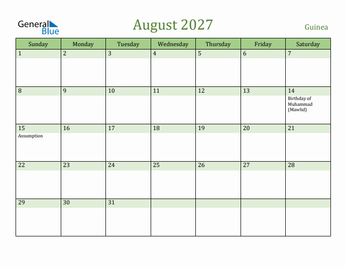 August 2027 Calendar with Guinea Holidays
