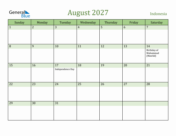 August 2027 Calendar with Indonesia Holidays