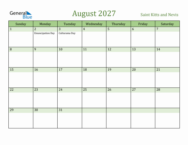 August 2027 Calendar with Saint Kitts and Nevis Holidays