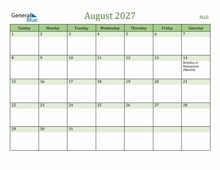 August 2027 Calendar with Mali Holidays