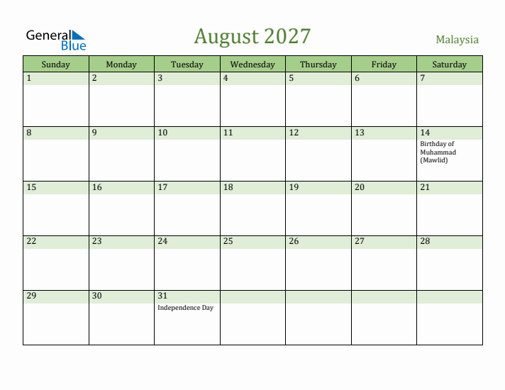 August 2027 Calendar with Malaysia Holidays