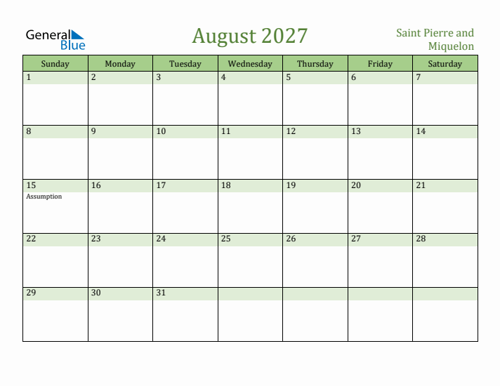 August 2027 Calendar with Saint Pierre and Miquelon Holidays