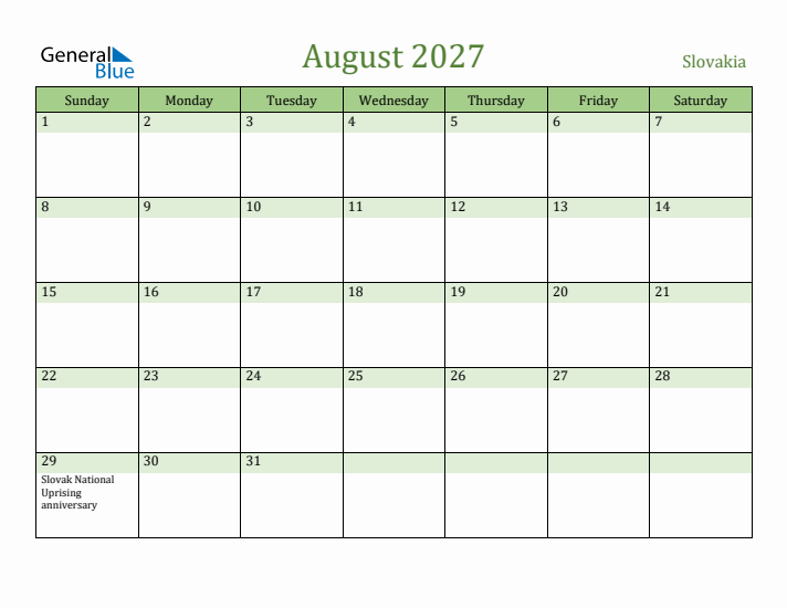 August 2027 Calendar with Slovakia Holidays