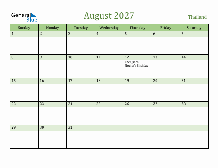 August 2027 Calendar with Thailand Holidays