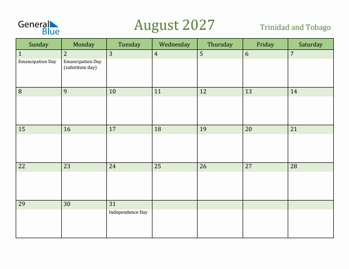 August 2027 Calendar with Trinidad and Tobago Holidays