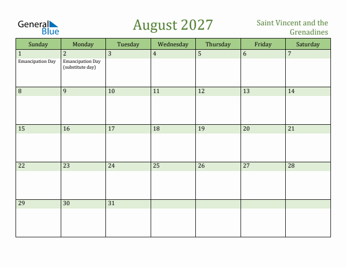 August 2027 Calendar with Saint Vincent and the Grenadines Holidays