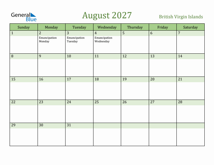 August 2027 Calendar with British Virgin Islands Holidays