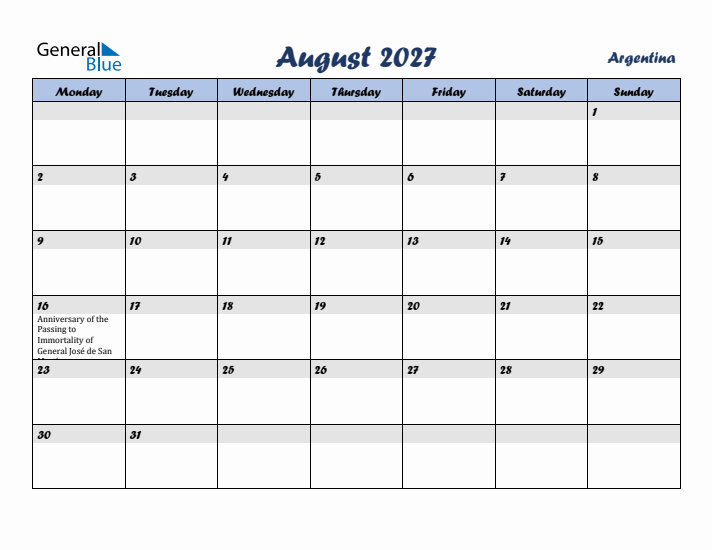 August 2027 Calendar with Holidays in Argentina