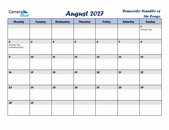 August 2027 Calendar with Holidays in Democratic Republic of the Congo
