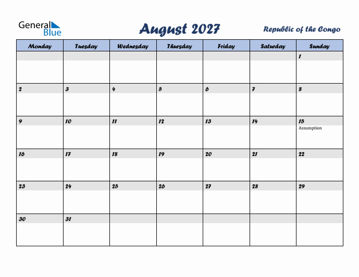 August 2027 Calendar with Holidays in Republic of the Congo