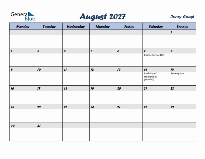 August 2027 Calendar with Holidays in Ivory Coast