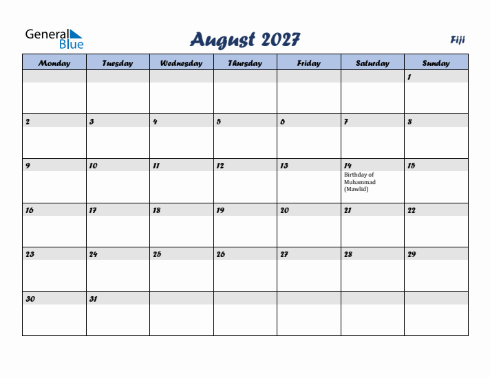 August 2027 Calendar with Holidays in Fiji