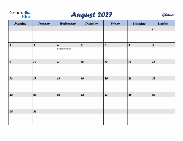 August 2027 Calendar with Holidays in Ghana