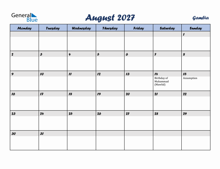 August 2027 Calendar with Holidays in Gambia