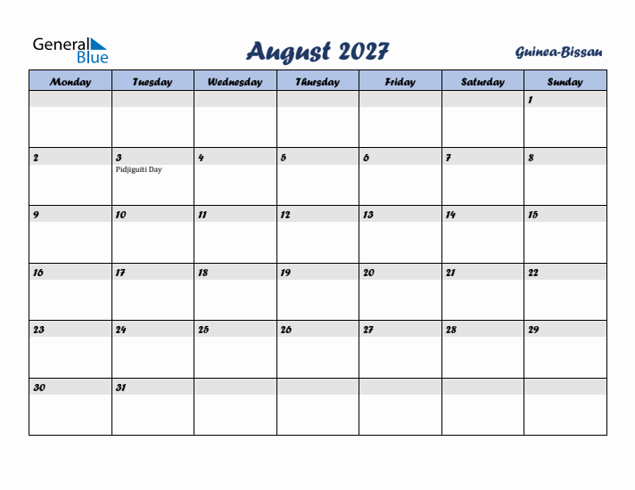 August 2027 Calendar with Holidays in Guinea-Bissau