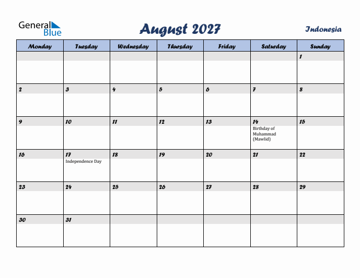 August 2027 Calendar with Holidays in Indonesia