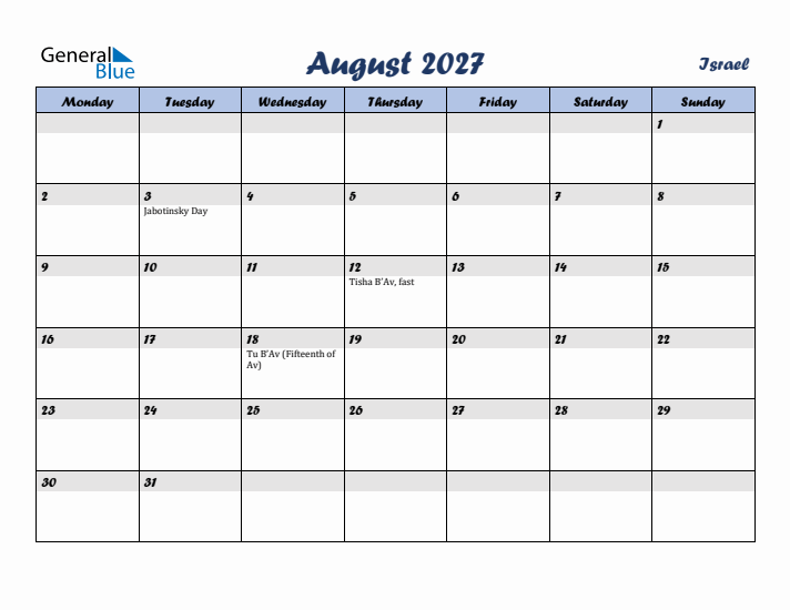 August 2027 Calendar with Holidays in Israel