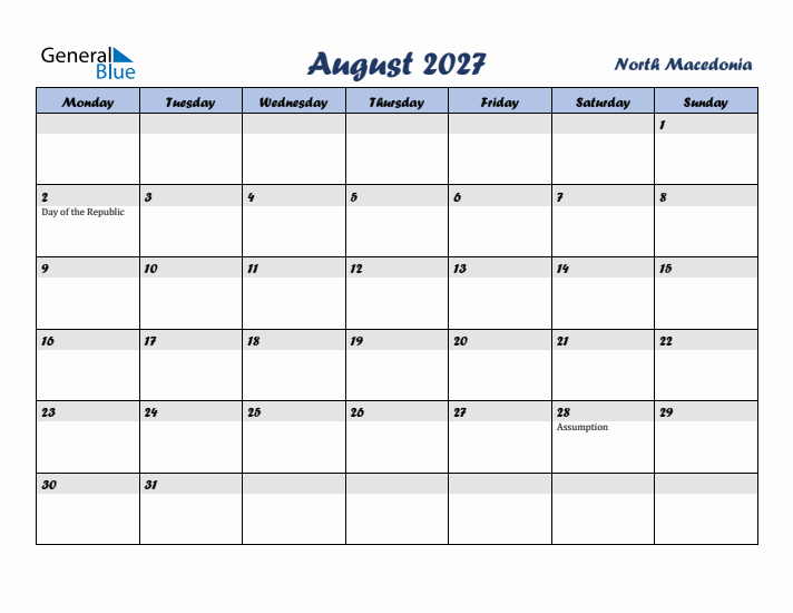 August 2027 Calendar with Holidays in North Macedonia