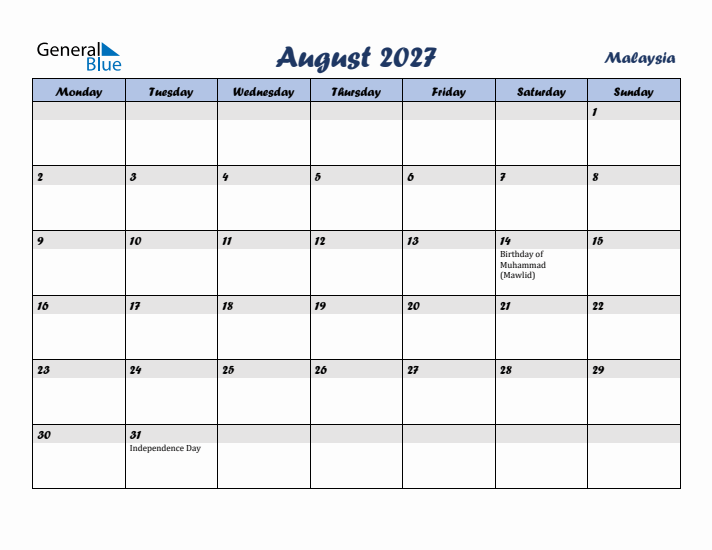 August 2027 Calendar with Holidays in Malaysia