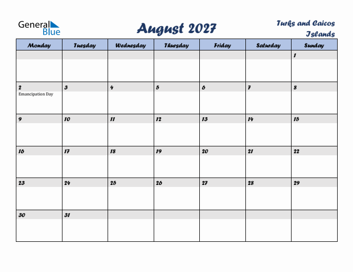 August 2027 Calendar with Holidays in Turks and Caicos Islands