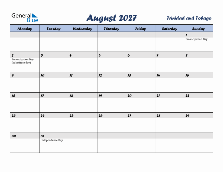 August 2027 Calendar with Holidays in Trinidad and Tobago