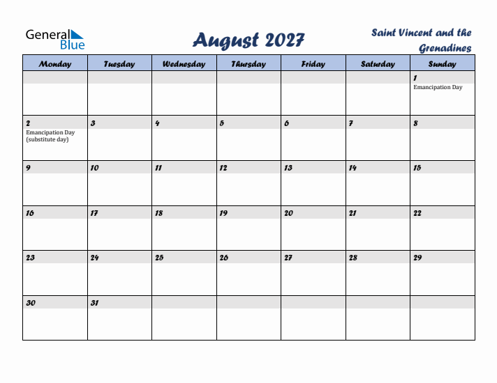 August 2027 Calendar with Holidays in Saint Vincent and the Grenadines