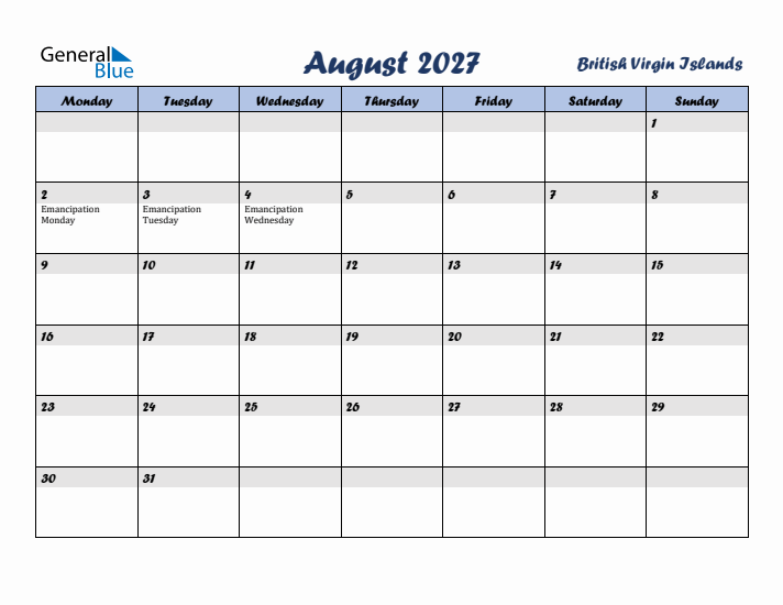August 2027 Calendar with Holidays in British Virgin Islands