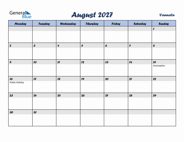 August 2027 Calendar with Holidays in Vanuatu