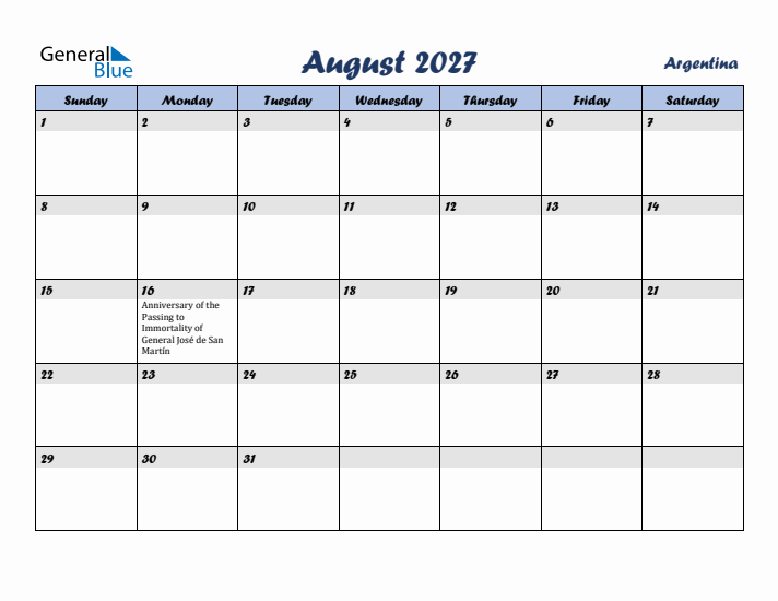 August 2027 Calendar with Holidays in Argentina