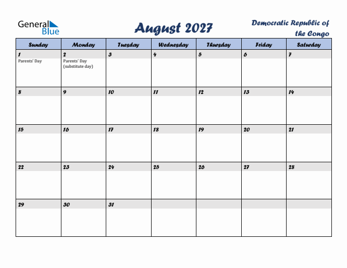 August 2027 Calendar with Holidays in Democratic Republic of the Congo