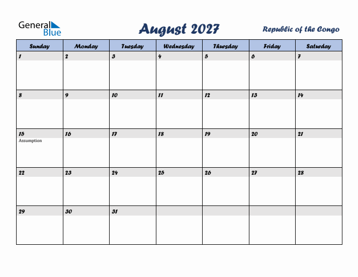 August 2027 Calendar with Holidays in Republic of the Congo