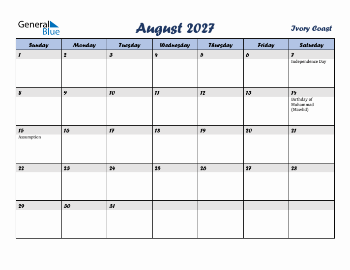 August 2027 Calendar with Holidays in Ivory Coast