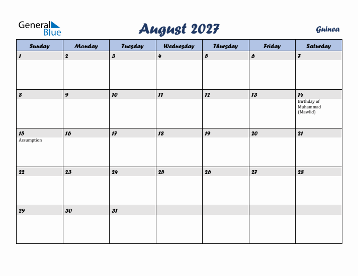 August 2027 Calendar with Holidays in Guinea