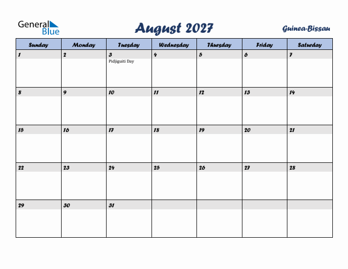 August 2027 Calendar with Holidays in Guinea-Bissau