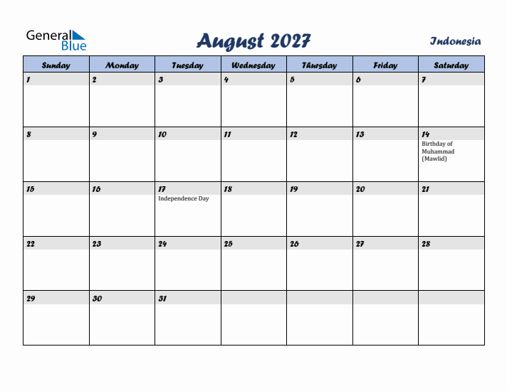 August 2027 Calendar with Holidays in Indonesia