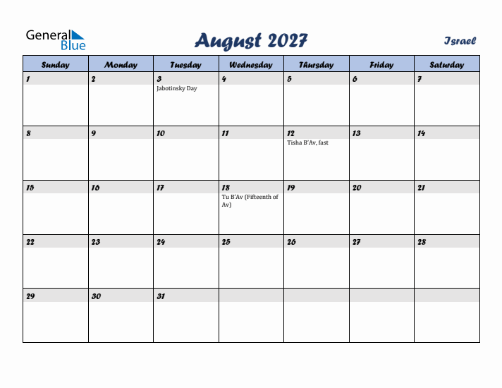 August 2027 Calendar with Holidays in Israel