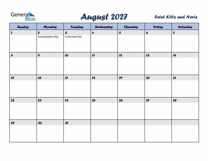 August 2027 Calendar with Holidays in Saint Kitts and Nevis