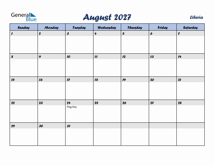 August 2027 Calendar with Holidays in Liberia