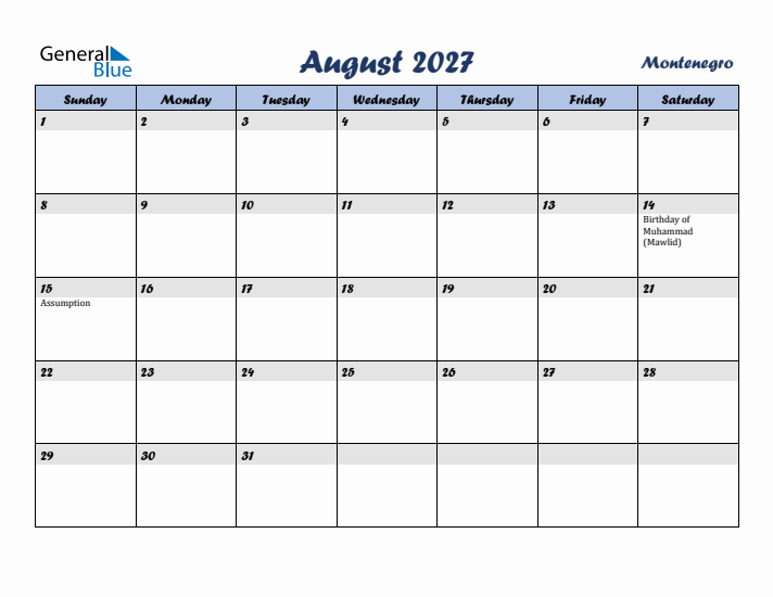 August 2027 Calendar with Holidays in Montenegro